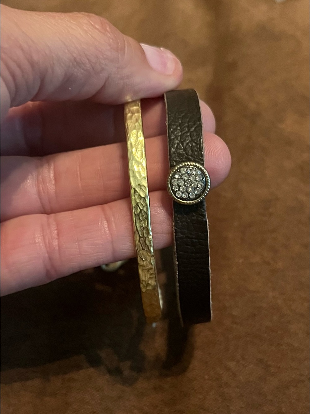 Gold Hammered Bangle & brown Leather Crystal Accent Bracelet Set